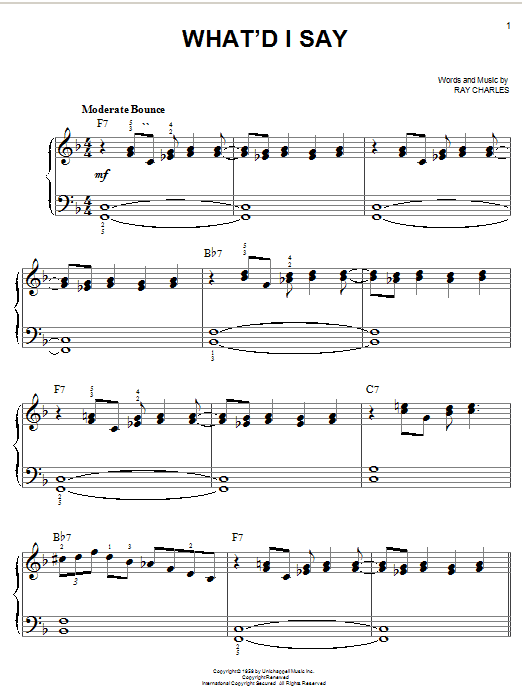 Learn to play Ray Charles What'd I Say sheet music for Beginner Piano in minutes. Ray Charles What'd I Say sheet music preview music notes and score for Beginner Piano including 2 page(s)