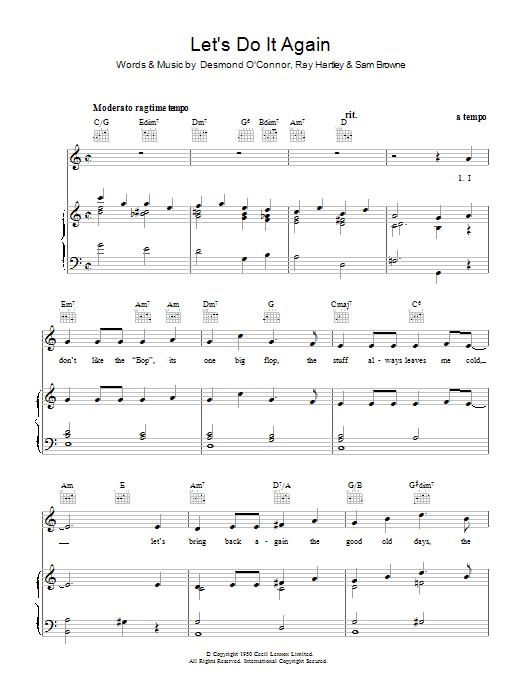 Learn to play Ray Hartley Let's Do It Again sheet music for Piano, Vocal & Guitar (Right-Hand Melody) in minutes. Ray Hartley Let's Do It Again sheet music preview music notes and score for Piano, Vocal & Guitar (Right-Hand Melody) including 5 page(s)