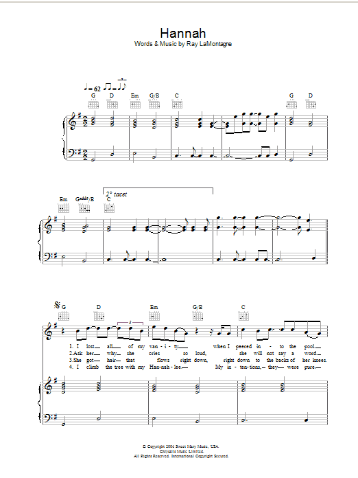 Ray LaMontagne Hannah sheet music preview music notes and score for Piano, Vocal & Guitar including 6 page(s)
