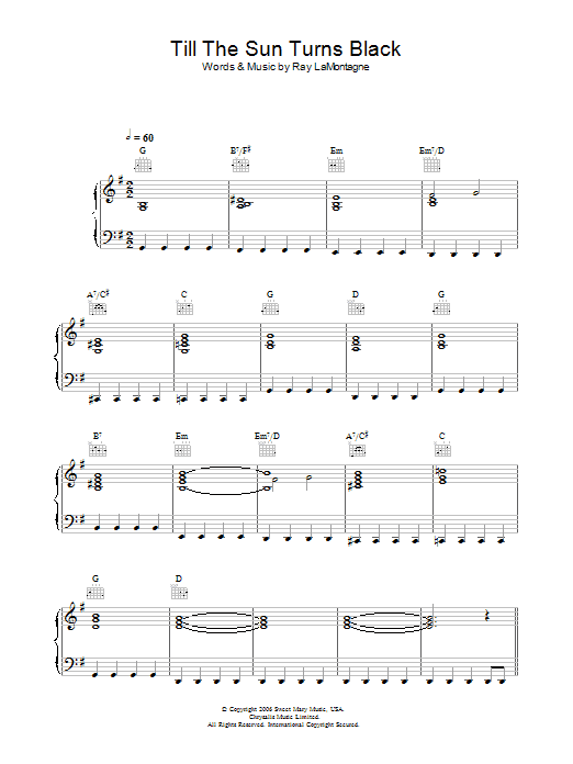 Ray LaMontagne Till The Sun Turns Black sheet music preview music notes and score for Piano, Vocal & Guitar including 4 page(s)