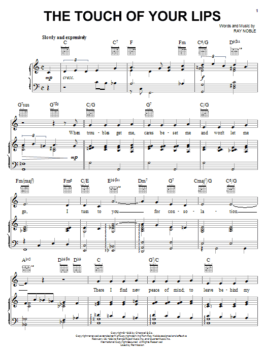 Learn to play Ray Noble The Touch Of Your Lips sheet music for Piano, Vocal & Guitar (Right-Hand Melody) in minutes. Ray Noble The Touch Of Your Lips sheet music preview music notes and score for Piano, Vocal & Guitar (Right-Hand Melody) including 4 page(s)