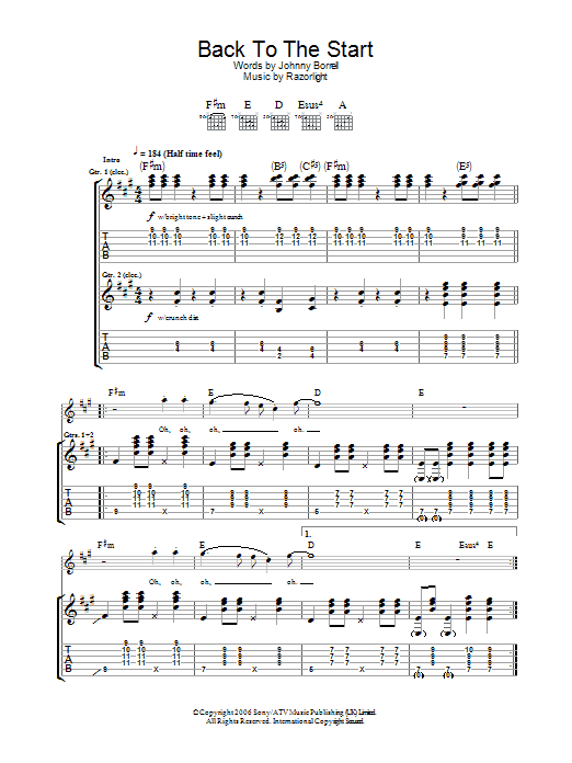 Razorlight Back To The Start sheet music preview music notes and score for Guitar Tab including 8 page(s)