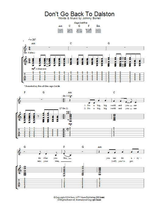 Razorlight Don't Go Back To Dalston sheet music preview music notes and score for Guitar Tab including 4 page(s)