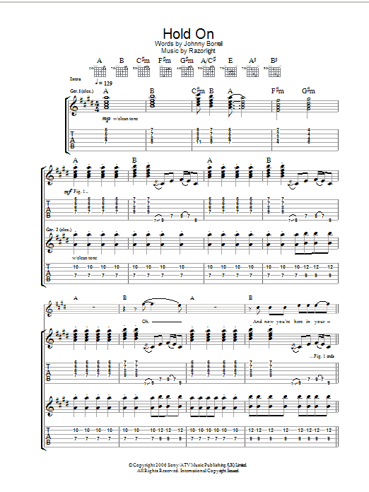 Razorlight Hold On sheet music preview music notes and score for Guitar Tab including 5 page(s)