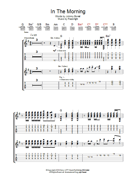 Razorlight In The Morning sheet music, chords, lyrics - Printable PDF for Lyrics & Chords
