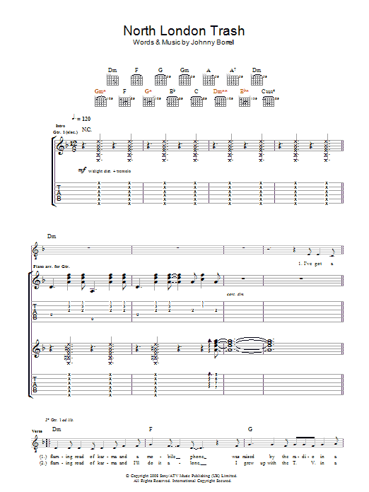 Razorlight North London Trash sheet music, chords, lyrics - Printable PDF for Guitar Tab