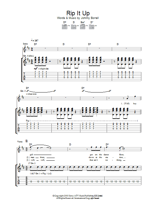 Razorlight Rip It Up sheet music preview music notes and score for Guitar Tab including 5 page(s)