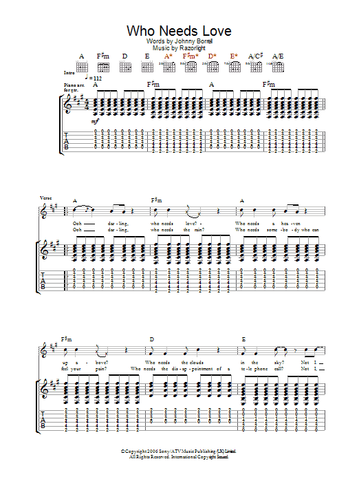 Razorlight Who Needs Love sheet music preview music notes and score for Guitar Tab including 6 page(s)