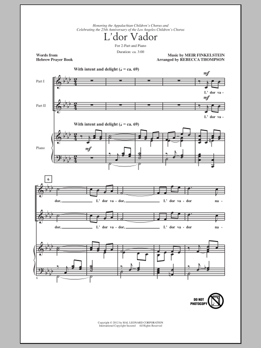 Meir Finkelstein L'Dor Vador (arr. Rebecca Thompson) sheet music, chords, lyrics - Printable PDF for 2-Part Choir