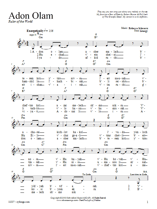 Learn to play Rebecca Schwartz Adon Olam sheet music for Melody Line, Lyrics & Chords in minutes. Rebecca Schwartz Adon Olam sheet music preview music notes and score for Melody Line, Lyrics & Chords including 2 page(s)