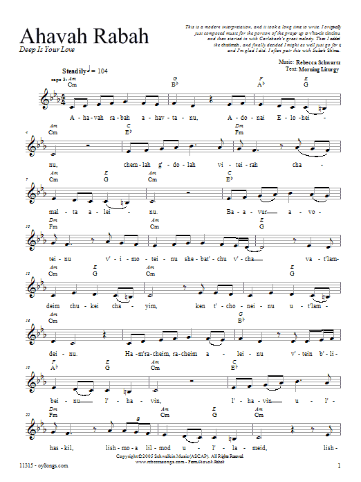 Learn to play Rebecca Schwartz Ahavah Rabah sheet music for Melody Line, Lyrics & Chords in minutes. Rebecca Schwartz Ahavah Rabah sheet music preview music notes and score for Melody Line, Lyrics & Chords including 4 page(s)