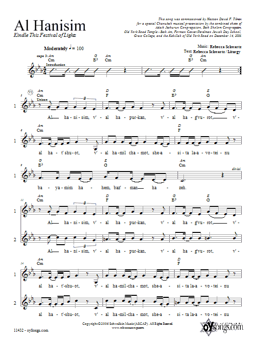 Learn to play Rebecca Schwartz Al Hanisim sheet music for 3-Part Mixed in minutes. Rebecca Schwartz Al Hanisim sheet music preview music notes and score for 3-Part Mixed including 4 page(s)