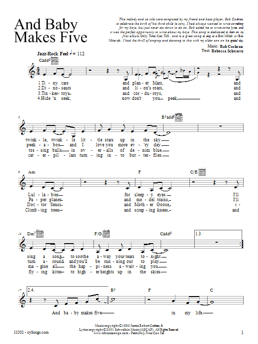 Learn to play Rebecca Schwartz And Baby Makes Five sheet music for Melody Line, Lyrics & Chords in minutes. Rebecca Schwartz And Baby Makes Five sheet music preview music notes and score for Melody Line, Lyrics & Chords including 2 page(s)