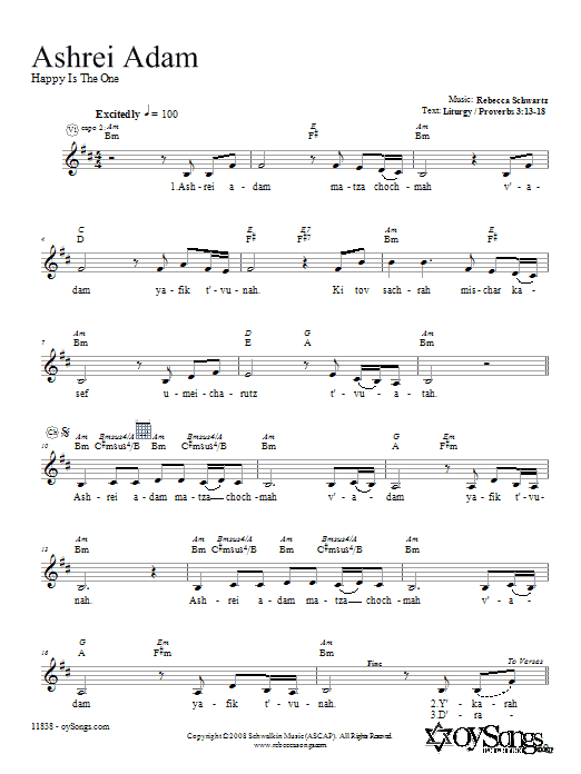 Learn to play Rebecca Schwartz Ashrei Adam sheet music for Melody Line, Lyrics & Chords in minutes. Rebecca Schwartz Ashrei Adam sheet music preview music notes and score for Melody Line, Lyrics & Chords including 2 page(s)