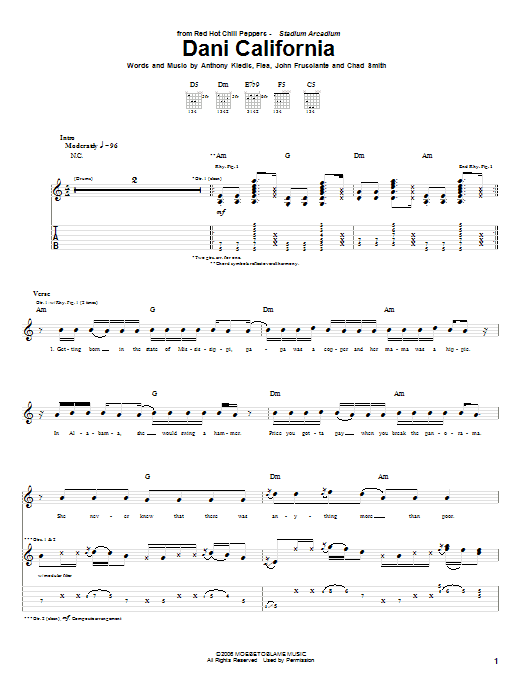 Learn to play Red Hot Chili Peppers Dani California sheet music for Bass Guitar Tab in minutes. Red Hot Chili Peppers Dani California sheet music preview music notes and score for Bass Guitar Tab including 12 page(s)