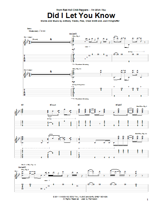 Red Hot Chili Peppers Did I Let You Know sheet music preview music notes and score for Guitar Tab including 10 page(s)