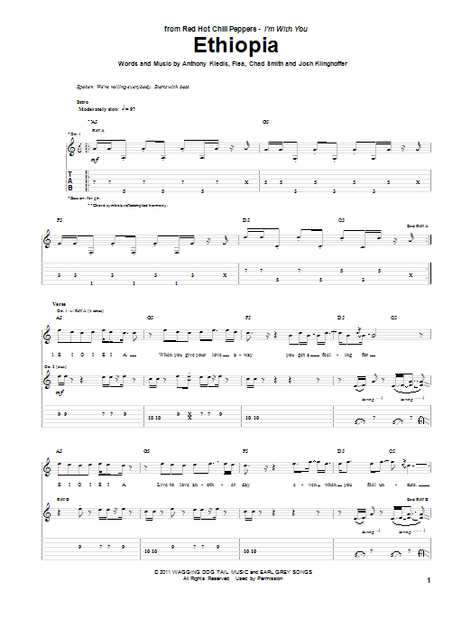 Red Hot Chili Peppers Ethiopia sheet music preview music notes and score for Piano, Vocal & Guitar (Right-Hand Melody) including 8 page(s)