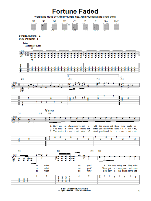 Red Hot Chili Peppers Fortune Faded sheet music preview music notes and score for Easy Guitar Tab including 4 page(s)