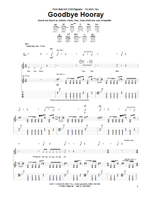 Red Hot Chili Peppers Goodbye Hooray sheet music preview music notes and score for Guitar Tab including 12 page(s)