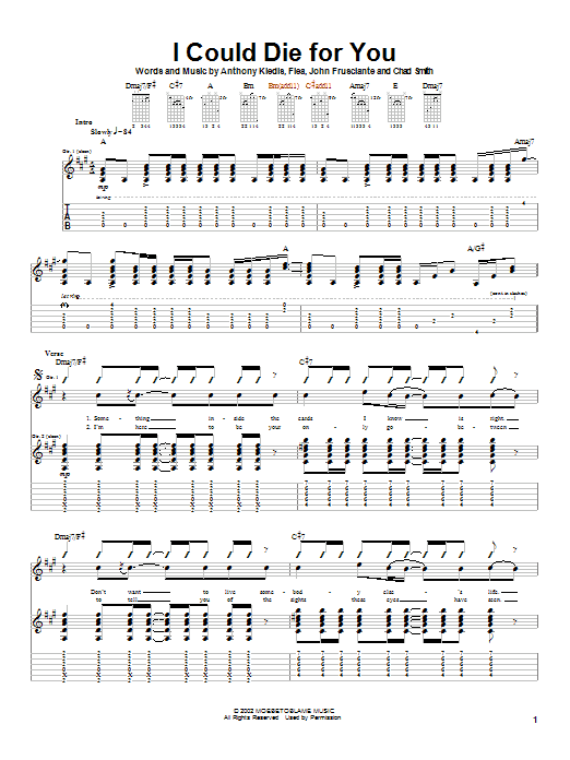 Learn to play Red Hot Chili Peppers I Could Die For You sheet music for Bass Guitar Tab in minutes. Red Hot Chili Peppers I Could Die For You sheet music preview music notes and score for Bass Guitar Tab including 6 page(s)