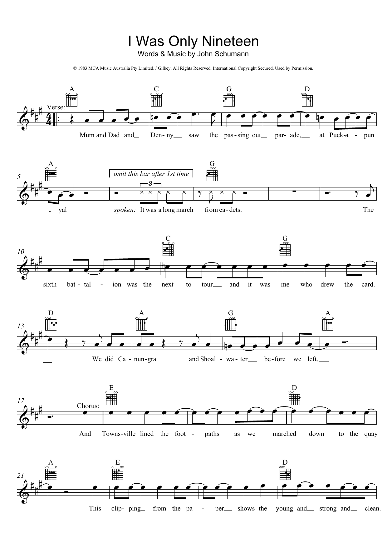 Learn to play Redgum I Was Only Nineteen sheet music for Melody Line, Lyrics & Chords in minutes. Redgum I Was Only Nineteen sheet music preview music notes and score for Melody Line, Lyrics & Chords including 2 page(s)