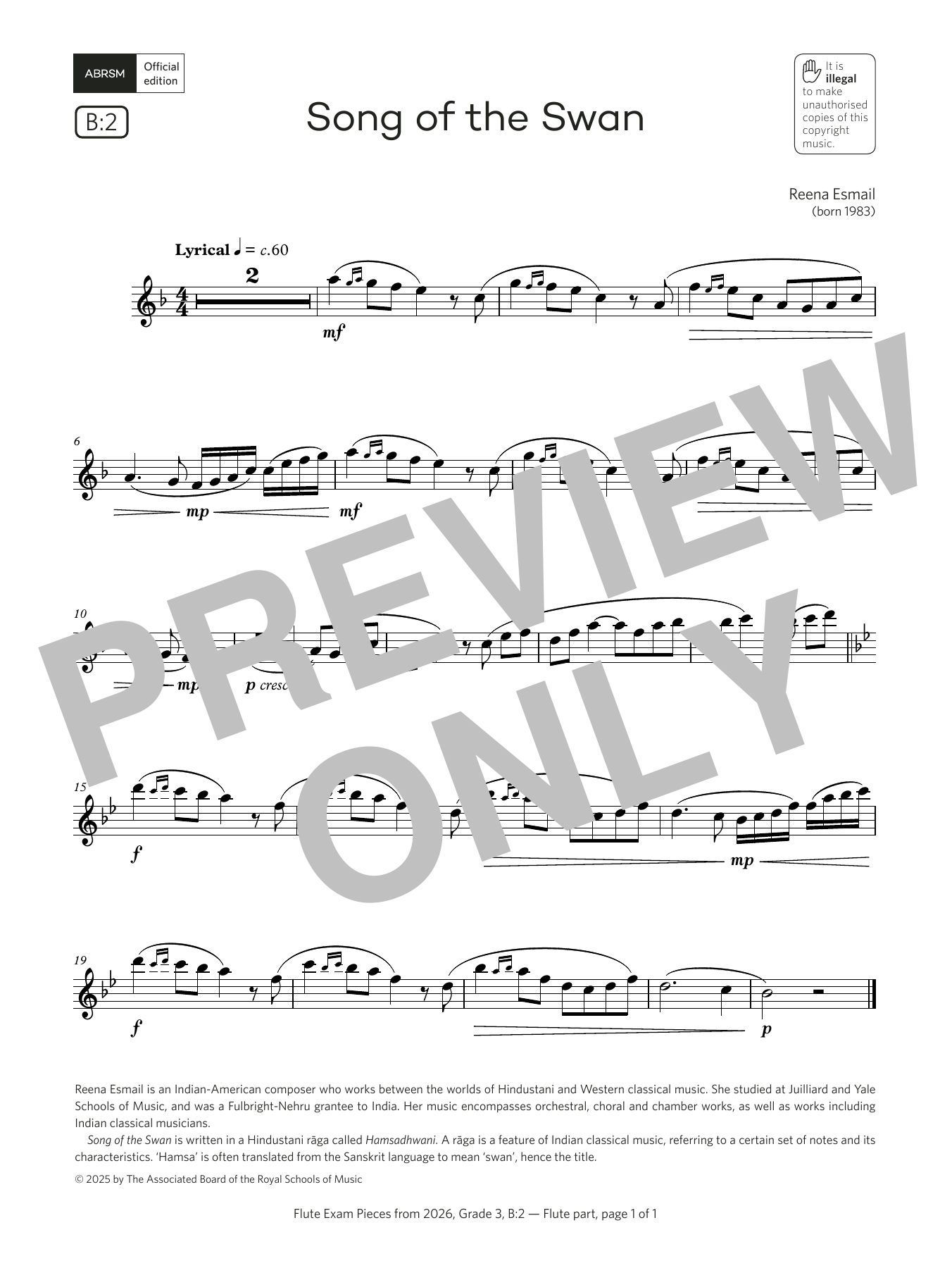 Reena Esmail Song of the Swan (Grade 3, list B2, from the ABRSM Flute Syllabus from 2026) sheet music, chords, lyrics - Printable PDF for Flute Solo