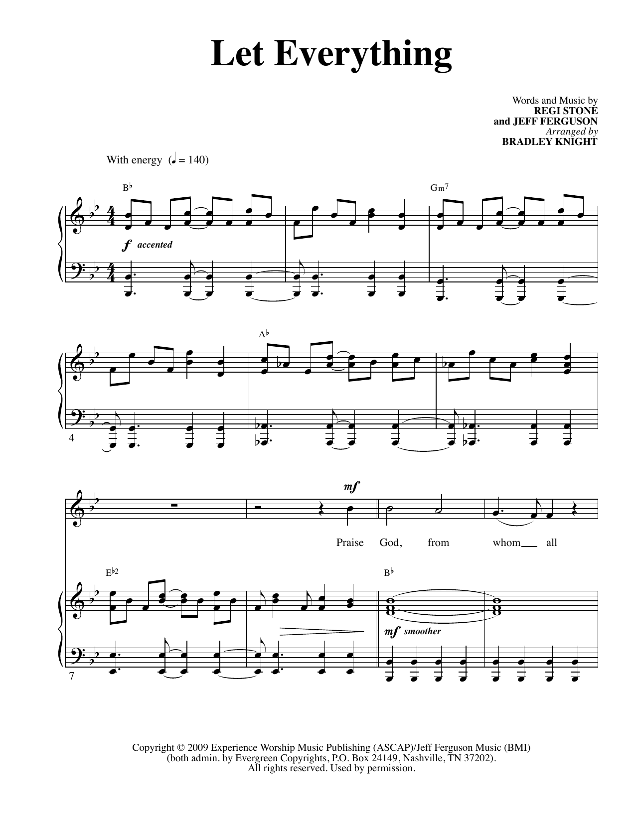 Learn to play Regi Stone and Jeff Ferguson Let Everything (arr. Bradley Knight) sheet music for SATB Choir in minutes. Regi Stone and Jeff Ferguson Let Everything (arr. Bradley Knight) sheet music preview music notes and score for SATB Choir including 13 page(s)