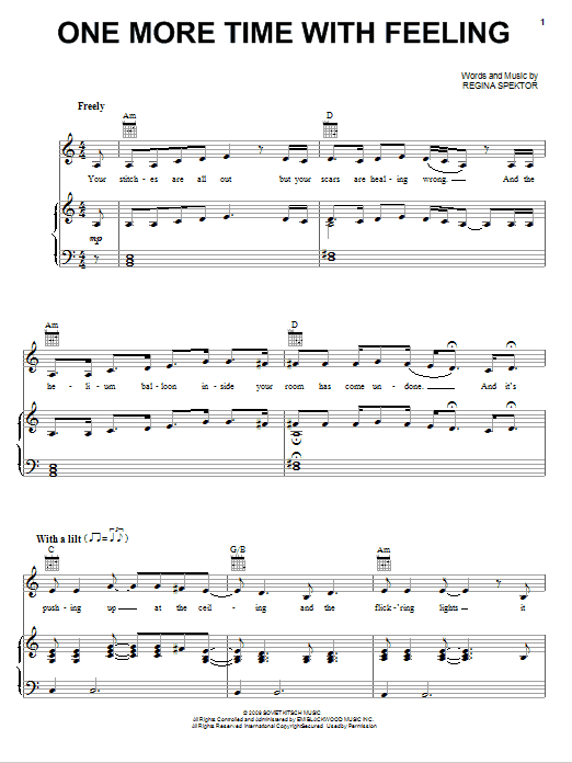 Regina Spektor One More Time With Feeling sheet music, chords, lyrics - Printable PDF for Piano, Vocal & Guitar (Right-Hand Melody)