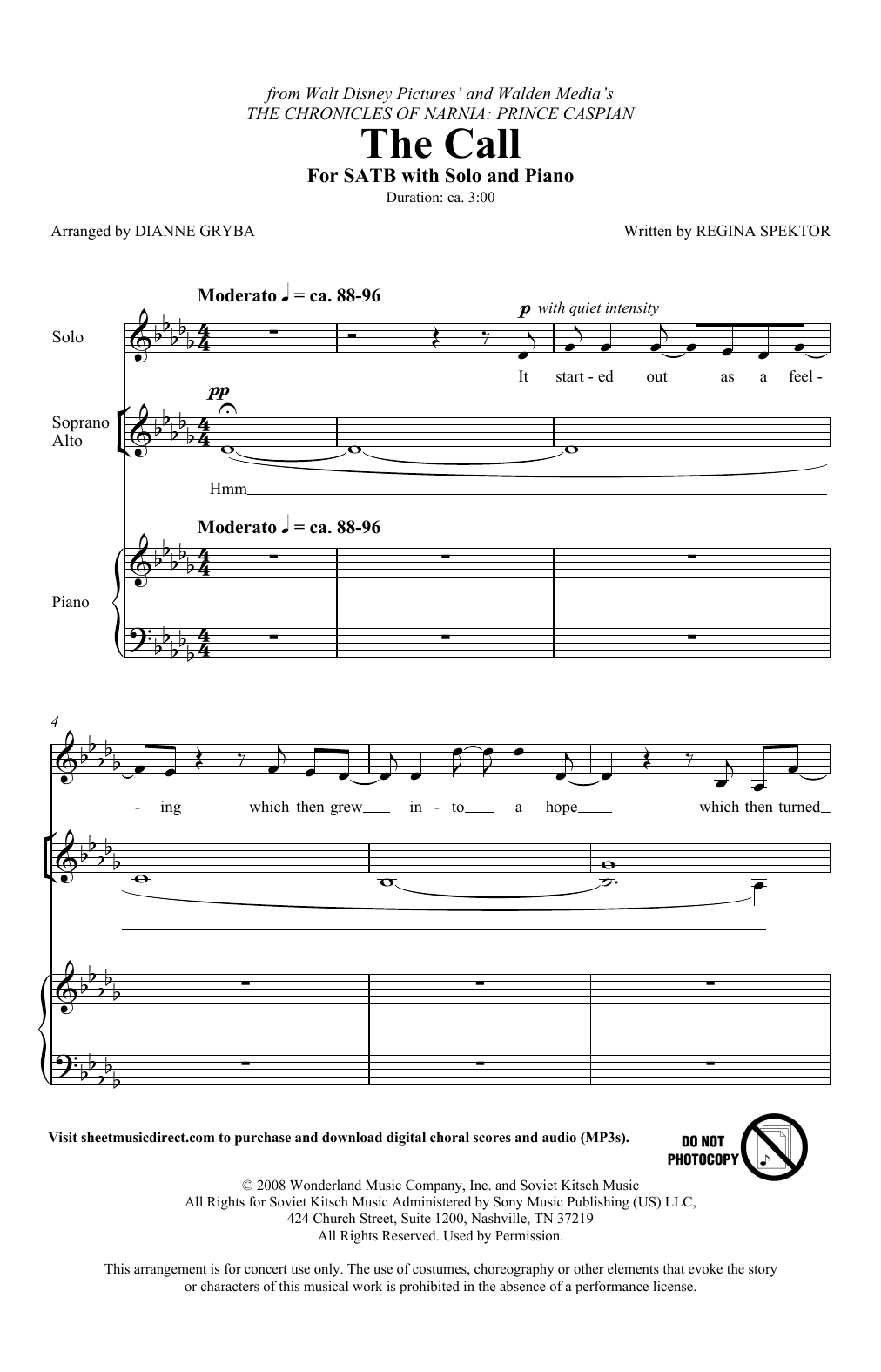 Regina Spektor The Call (from The Chronicles Of Narnia: Prince Caspian) (arr. Dianne Gryba) sheet music, chords, lyrics - Printable PDF for SATB Choir