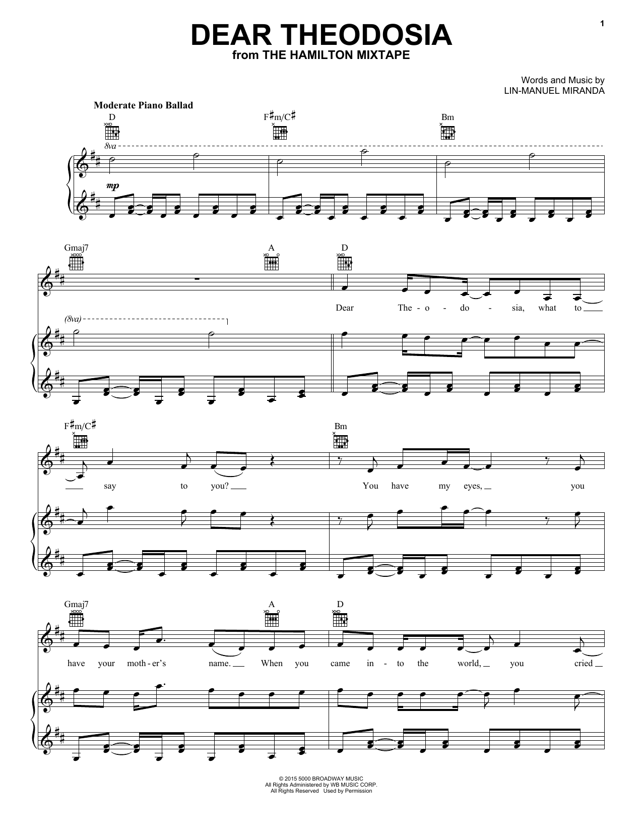 Lin-Manuel Miranda Dear Theodosia sheet music, chords, lyrics - Printable PDF for Piano, Vocal & Guitar (Right-Hand Melody)