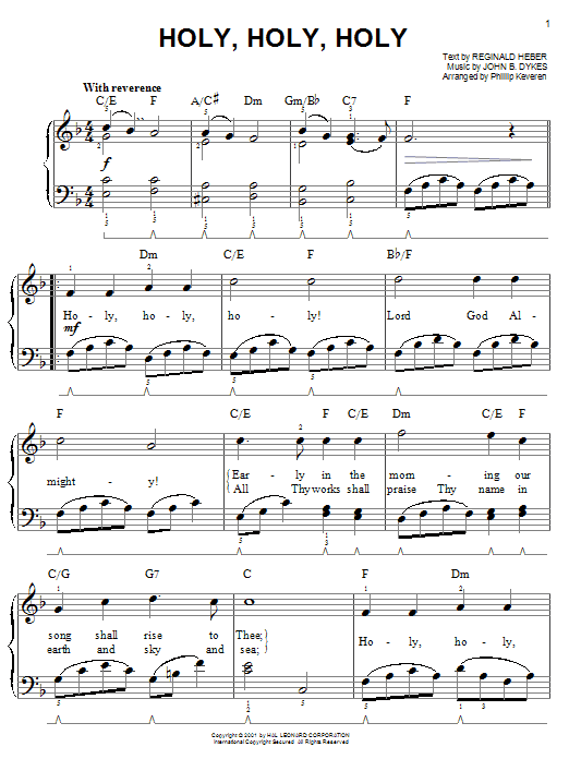 Reginald Heber Holy, Holy, Holy sheet music, chords, lyrics - Printable PDF for Easy Piano