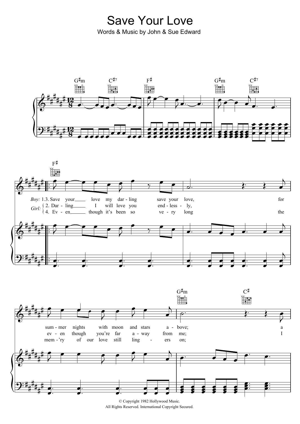 Renée and Renato Save Your Love sheet music, chords, lyrics - Printable PDF for Piano, Vocal & Guitar (Right-Hand Melody)