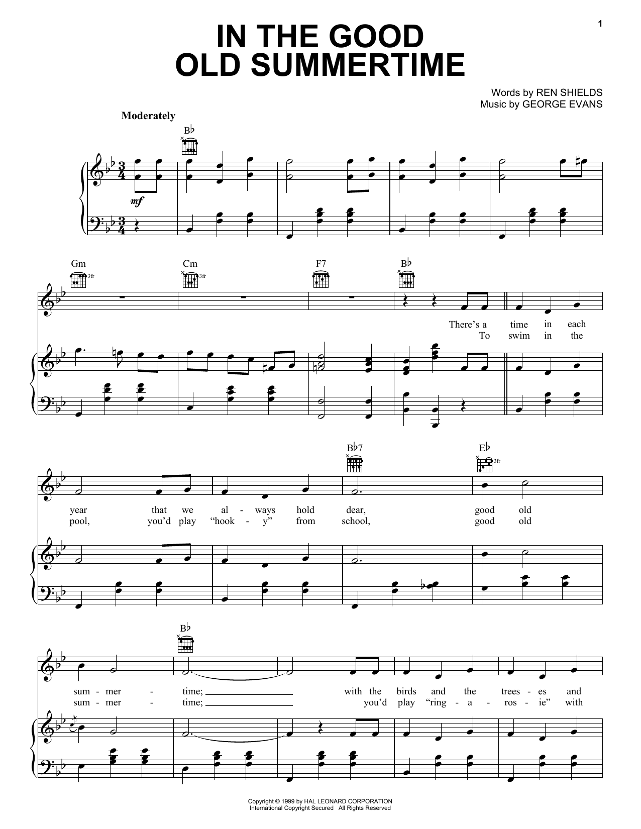 Ren Shields In The Good Old Summertime sheet music preview music notes and score for Piano, Vocal & Guitar (Right-Hand Melody) including 4 page(s)