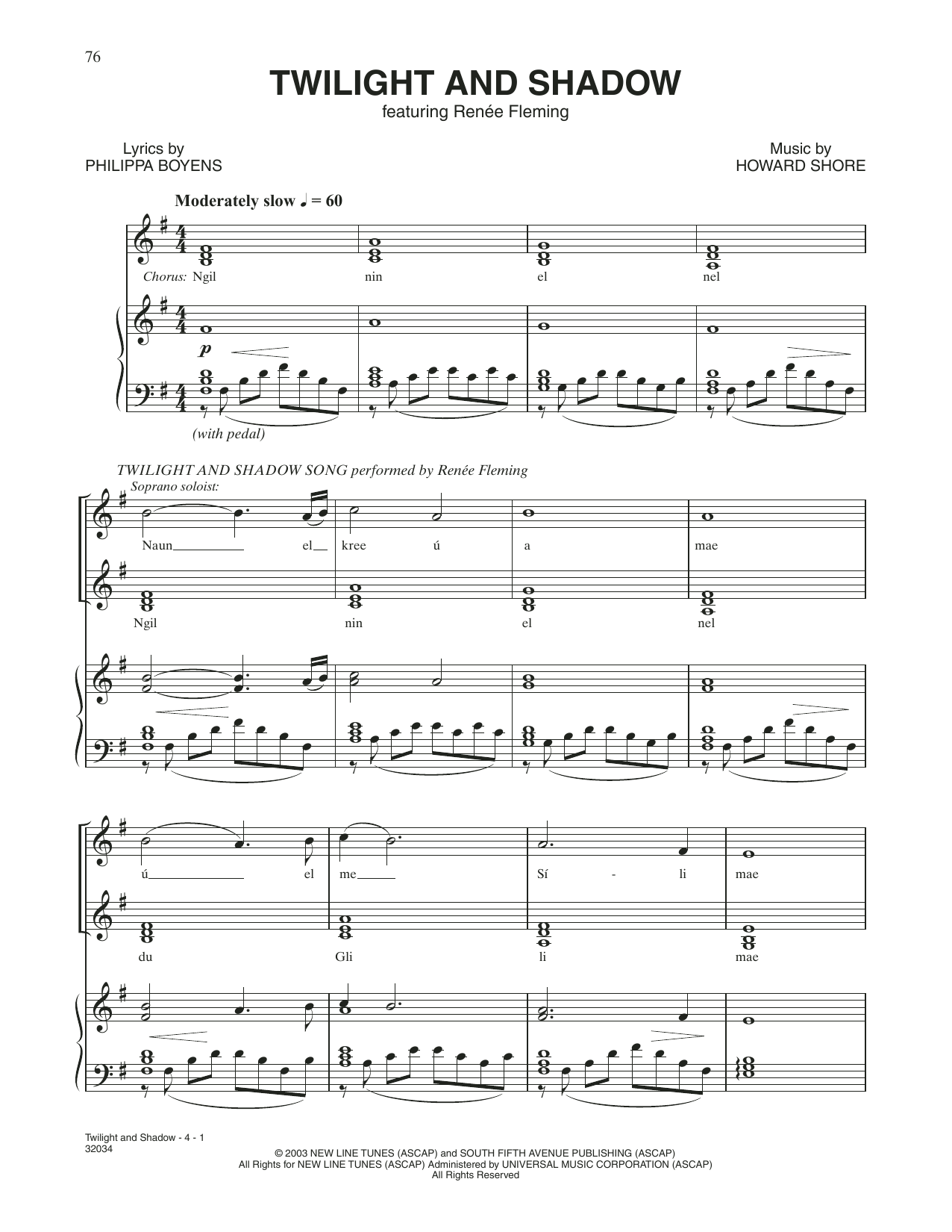 Renée Fleming Twilight And Shadow (from The Lord Of The Rings: The Return Of The King) sheet music, chords, lyrics - Printable PDF for Piano & Vocal