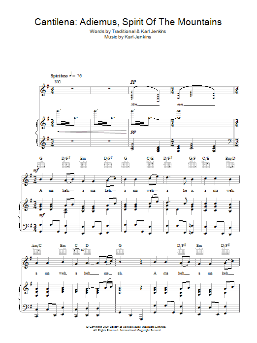 Rhydian Cantilena: Adiemus, Spirit Of The Mountains sheet music, chords, lyrics - Printable PDF for Piano, Vocal & Guitar (Right-Hand Melody)