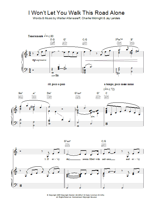 Rhydian I Won't Let You Walk This Road Alone sheet music preview music notes and score for Piano, Vocal & Guitar (Right-Hand Melody) including 8 page(s)
