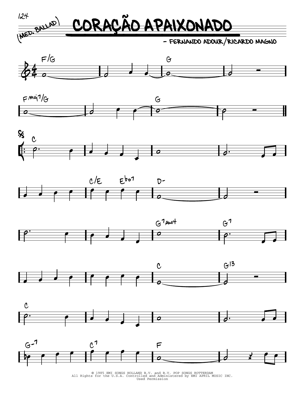Learn to play Ricardo Magno Coracao Apaixonado sheet music for Real Book – Melody & Chords in minutes. Ricardo Magno Coracao Apaixonado sheet music preview music notes and score for Real Book – Melody & Chords including 2 page(s)