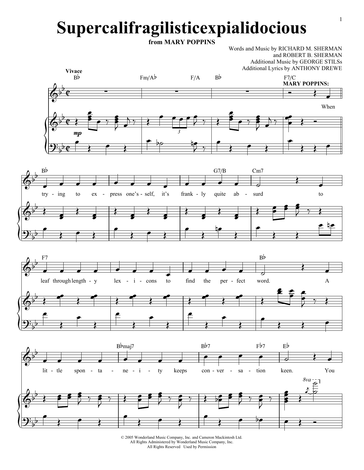 Sherman Brothers Supercalifragilisticexpialidocious sheet music, chords, lyrics - Printable PDF for Piano & Vocal