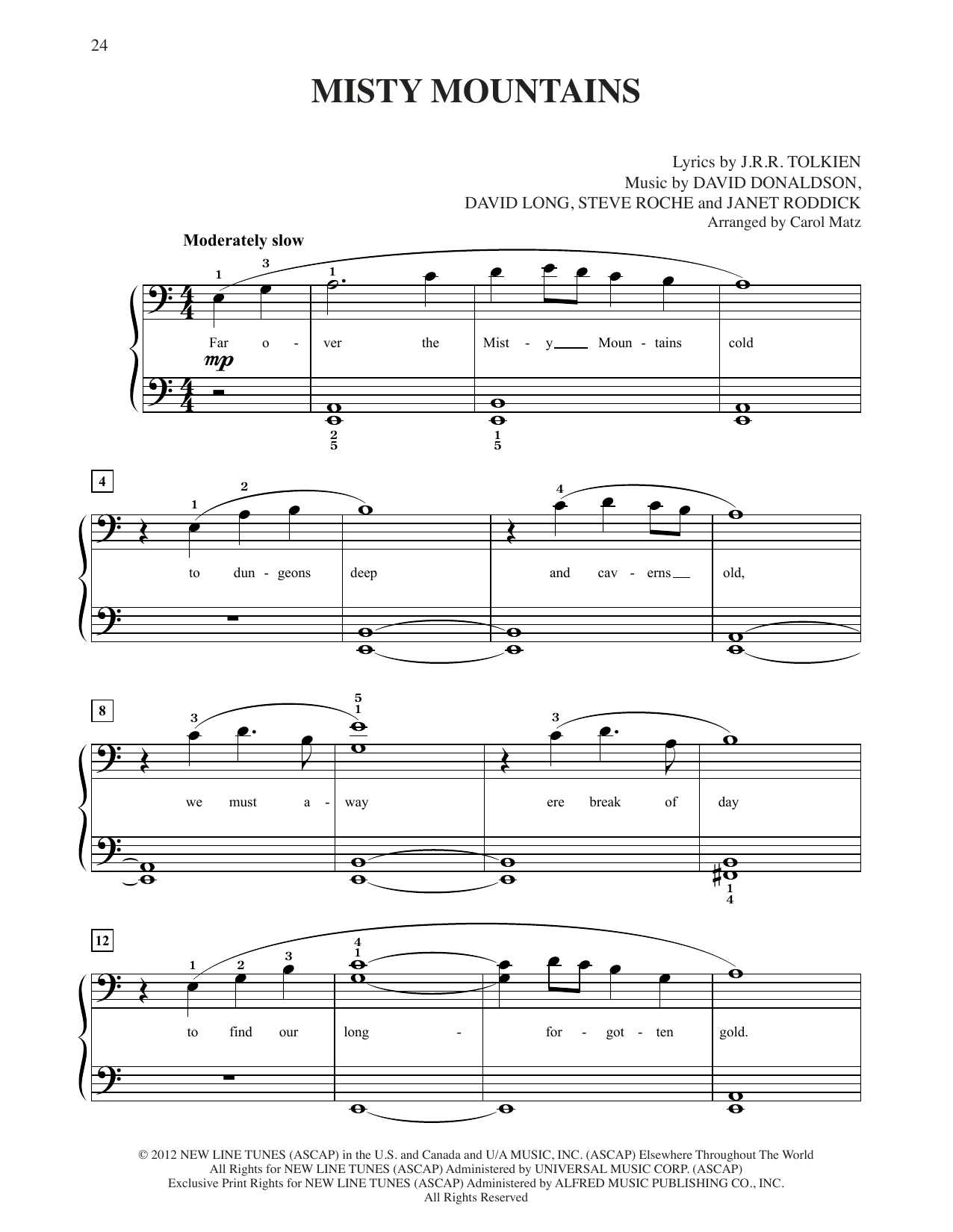 Richard Armitage Misty Mountains (from The Hobbit: An Unexpected Journey) (arr. Carol Matz) sheet music, chords, lyrics - Printable PDF for Big Note Piano