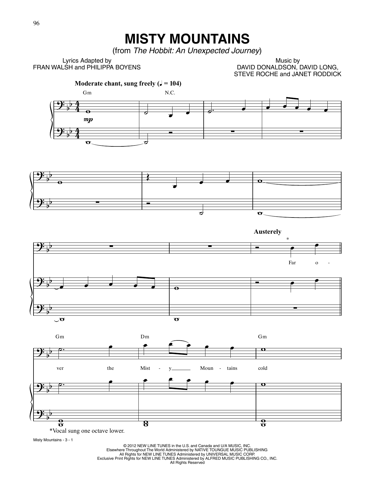 Richard Armitage Misty Mountains (from The Hobbit: An Unexpected Journey) sheet music, chords, lyrics - Printable PDF for Piano, Vocal & Guitar Chords (Right-Hand Melody)