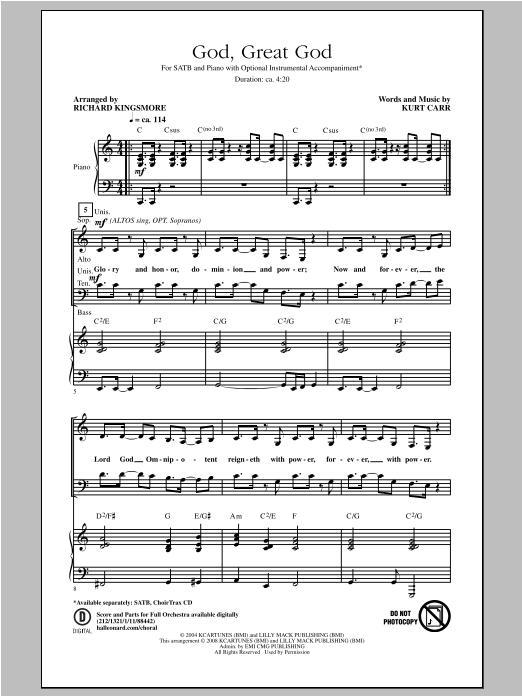Richard Kingsmore God, Great God sheet music, chords, lyrics - Printable PDF for SATB