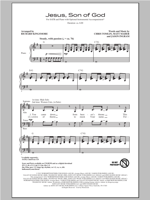 Passion Jesus, Son Of God (arr. Richard Kingsmore) sheet music, chords, lyrics - Printable PDF for SATB