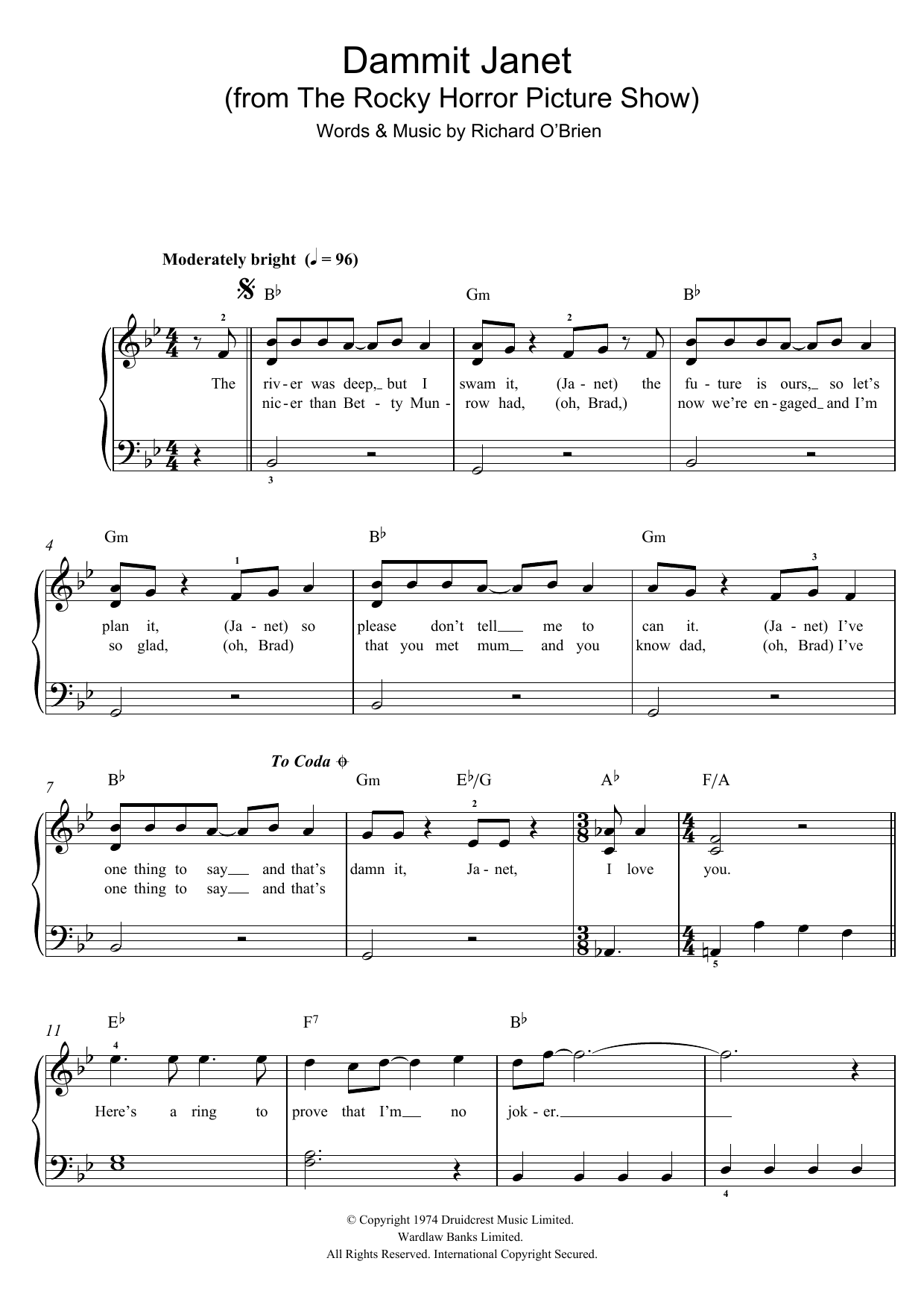 Richard O'Brien Dammit Janet (from The Rocky Horror Picture Show) sheet music, chords, lyrics - Printable PDF for Beginner Piano