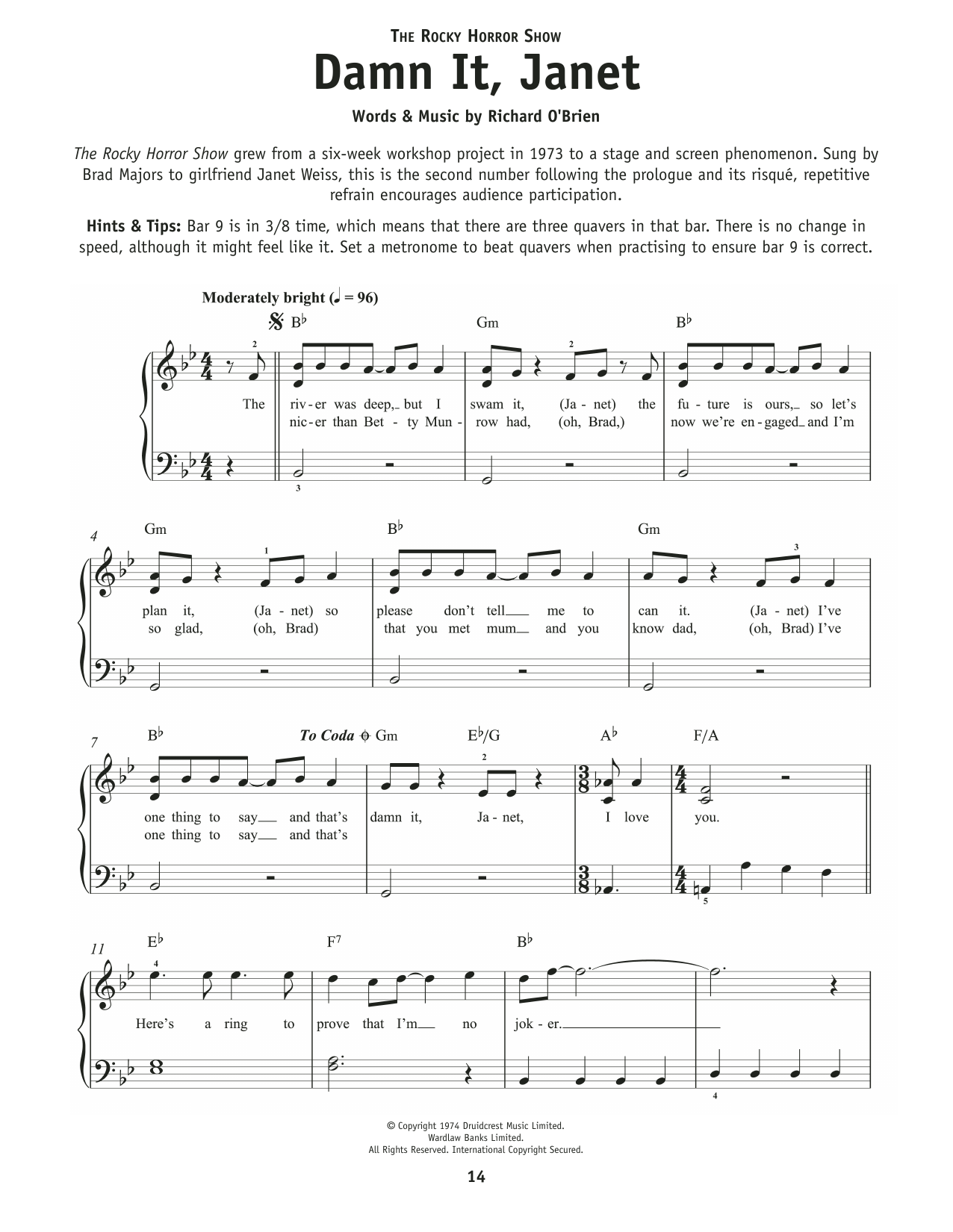 Richard O'Brien Damn It, Janet (from The Rocky Horror Picture Show) sheet music, chords, lyrics - Printable PDF for Really Easy Piano