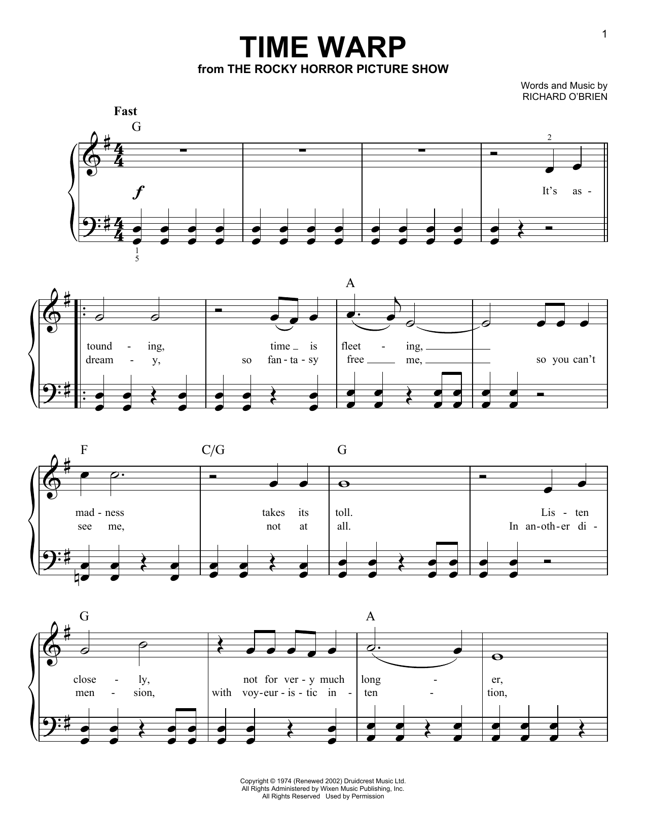Richard O'Brien Time Warp (from The Rocky Horror Picture Show) sheet music, chords, lyrics - Printable PDF for Really Easy Piano