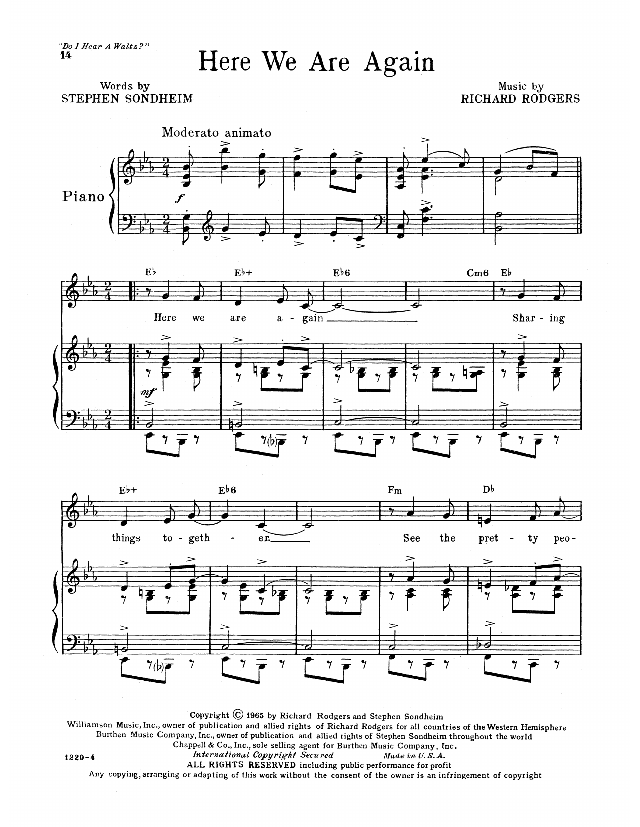 Richard Rodgers & Stephen Sondheim Here We Are Again (from Do I Hear A Waltz?) sheet music, chords, lyrics - Printable PDF for Piano, Vocal & Guitar Chords (Right-Hand Melody)