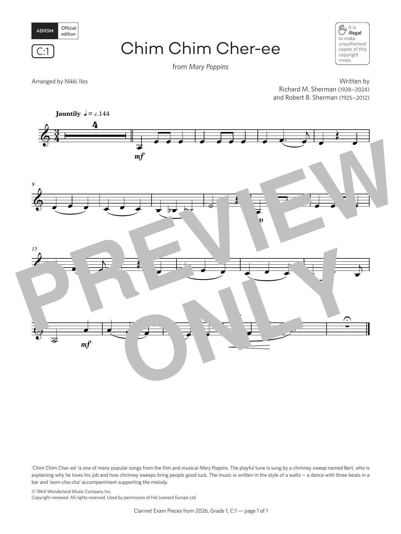 Richard Sherman & Robert Sherman Chim Chim Cher-ee (Grade 1, list C1, from the ABRSM Clarinet Syllabus from 2026) sheet music, chords, lyrics - Printable PDF for Clarinet Solo