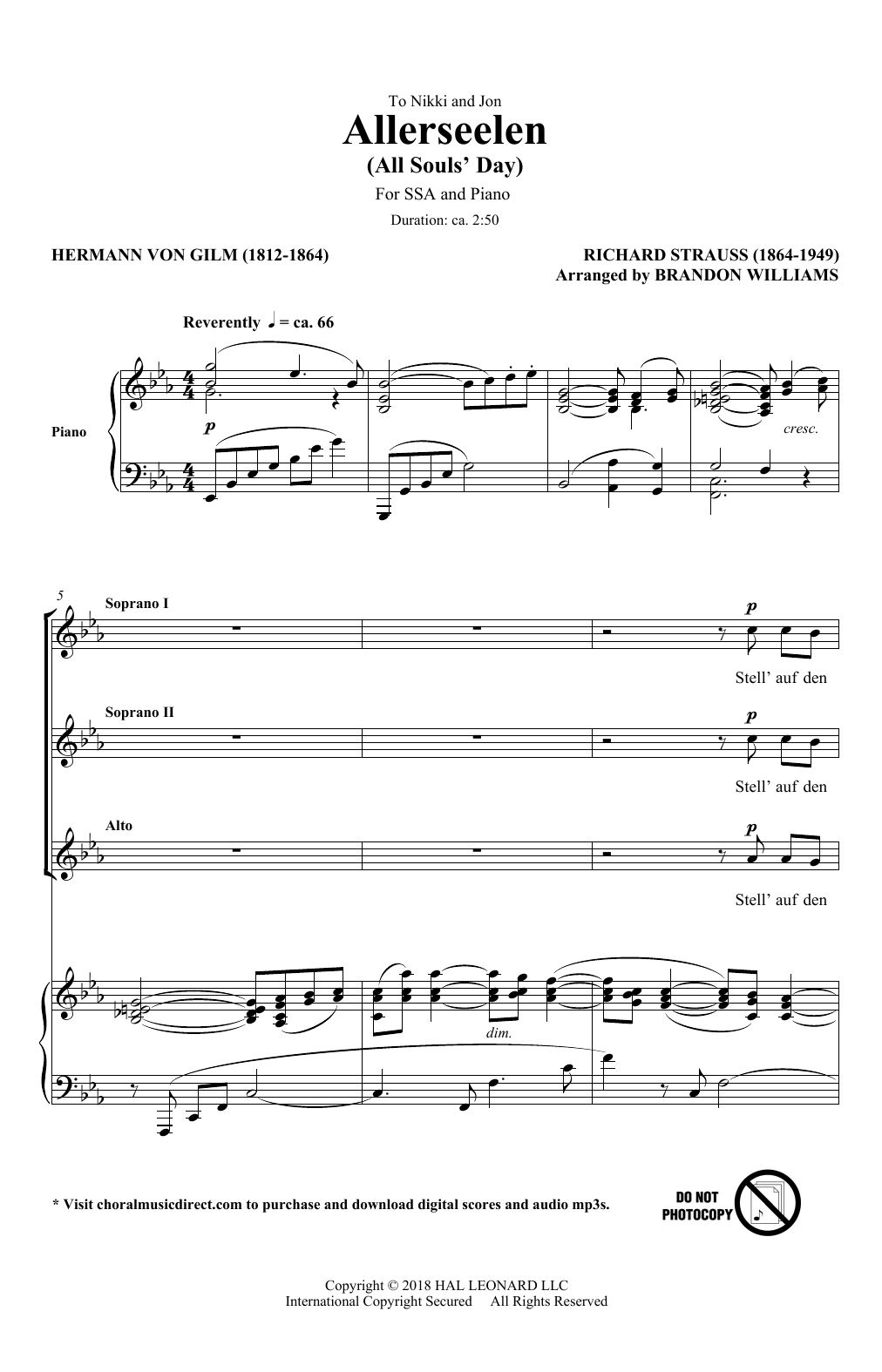 Richard Strauss & Hermann von Gilm Allerseelen (arr. Brandon Williams) sheet music, chords, lyrics - Printable PDF for SSA Choir