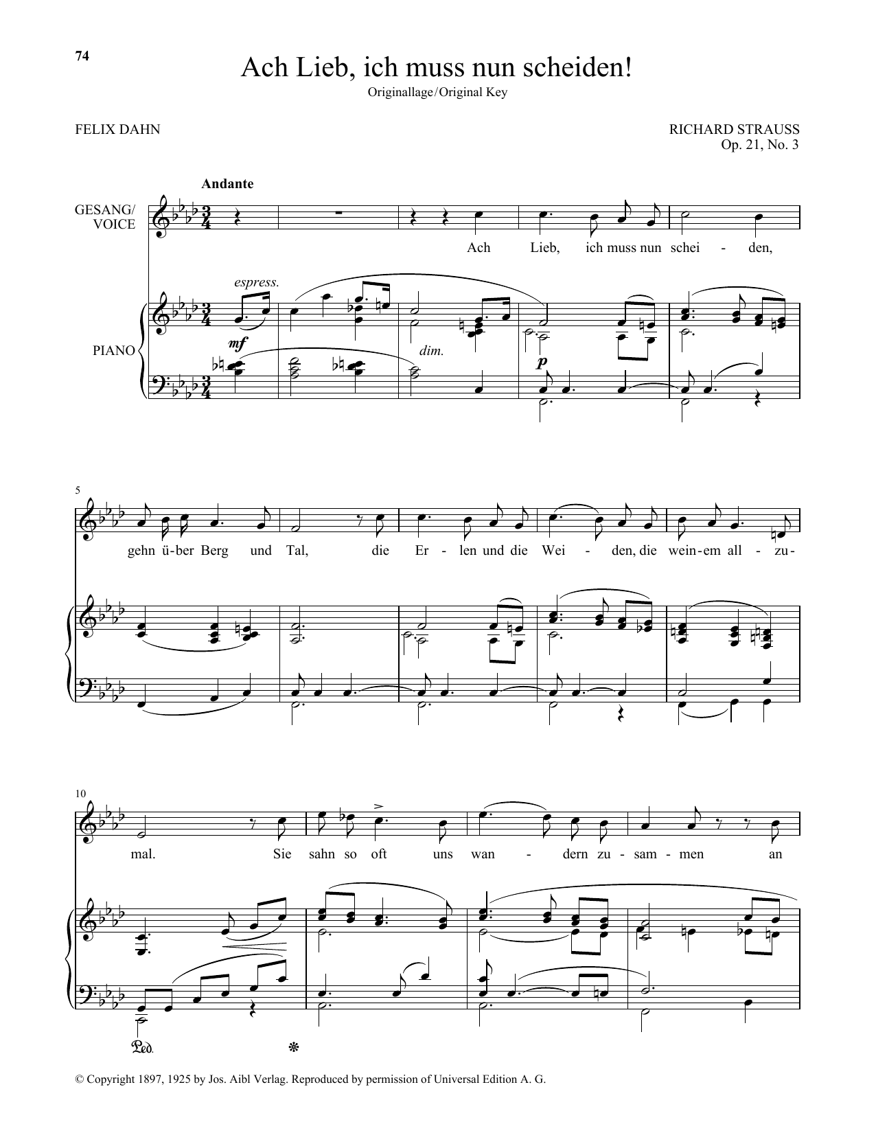 Richard Strauss Ach Lieb, Ich Muss Nun Scheiden! (High Voice) sheet music, chords, lyrics - Printable PDF for Piano & Vocal