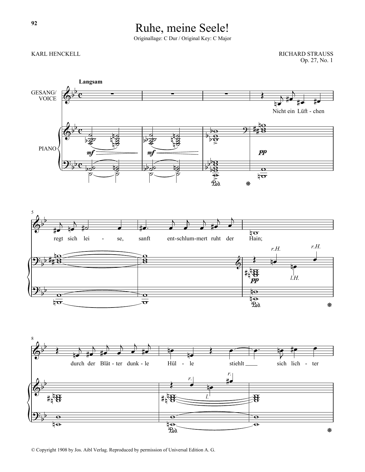 Richard Strauss Ruhe, Meine Seele! (Low Voice) sheet music, chords, lyrics - Printable PDF for Piano & Vocal